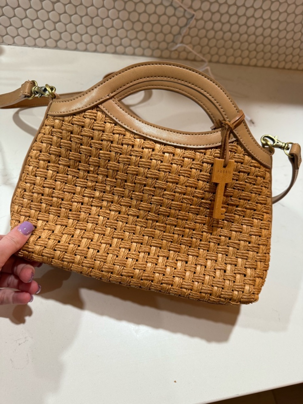 Fossil Woven Straw Shoulder Bag in Tan